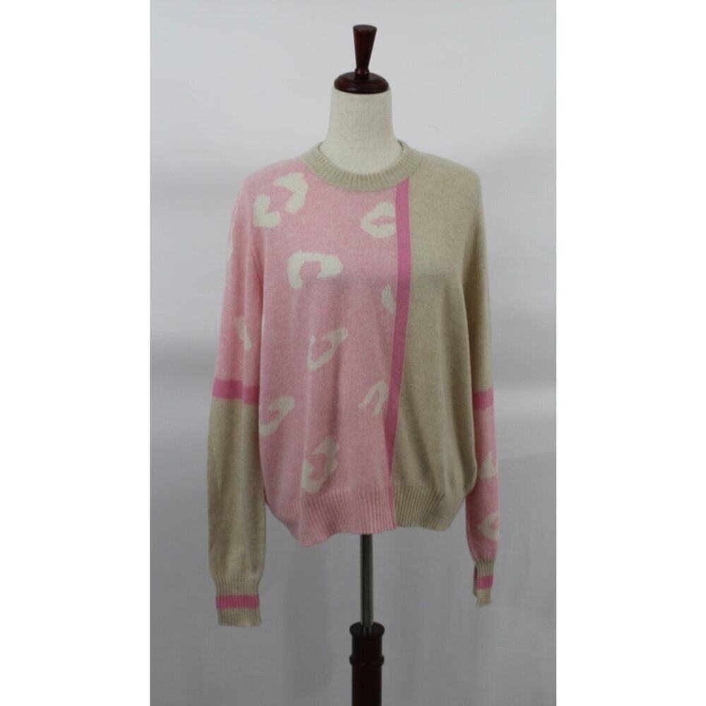 BRODIE Sz L Large 100% Cashmere Wild Casi Sweater Jumper Leopard Pink NWT